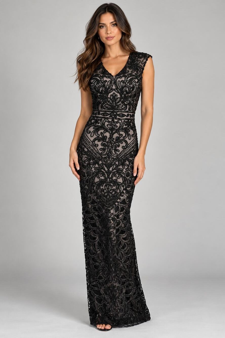 Sue Wong Black Lace Maxi Dress US 4
